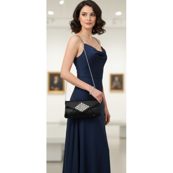 Evening Bag - Satin w/ Crystal Vintage Charm - Black -BG-HE1110BK